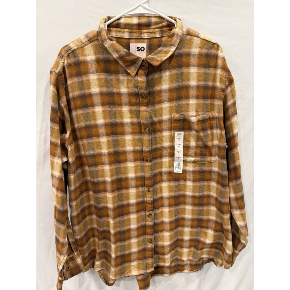 SO Goods For Life Flannel Shirt Womens XL Brown Tan Plaid Cotton Button Up NWT